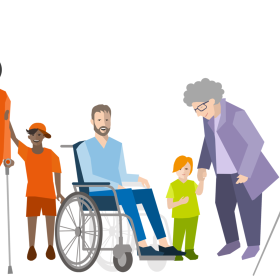 Man sieht Menschen mit und ohne Behinderung, eine Seniorin und Kinder