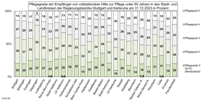 Pflegegrade der Empfänger von vollstationärer Hilfe zur Pflege unter 65 Jahren in den Stadt- und Landkreisen der REgierungsbezirke Freiburg und Tübingen