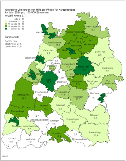 Gewährte Leistungen von HzP für Kurzzeitpflege im Jahr 2024 pro 100.000 Einwohner